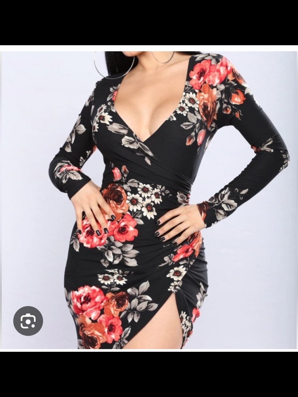 Fashion Nova Black Floral Long Sleeve Wrap Dress with Red and Pink Blooms
